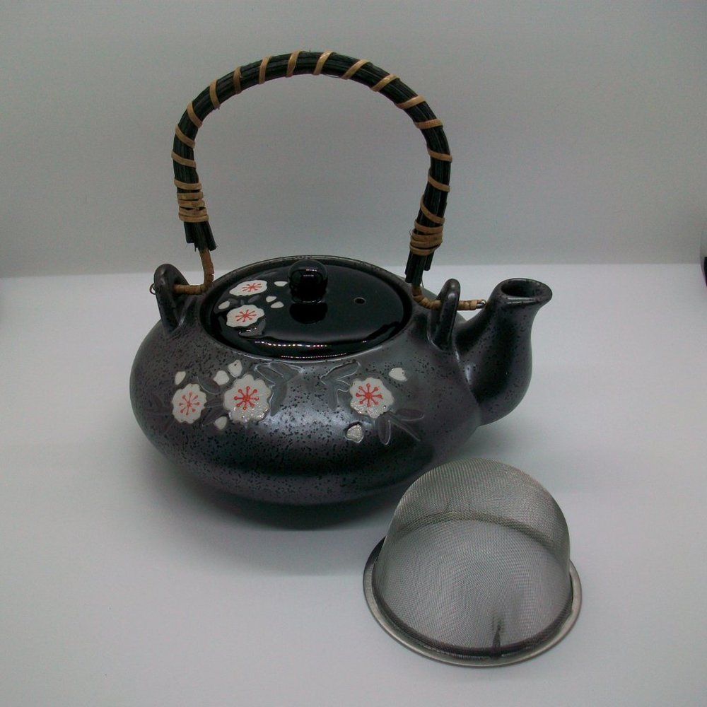Nikko Ceramic Black Teapot Cherry Blossoms NK 23001 New in. Box